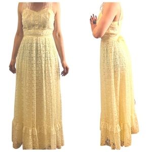 1970’s Pastel Yellow Lace Spring/Sunmer Sleeveless Maxi Dress, Garden Party, S